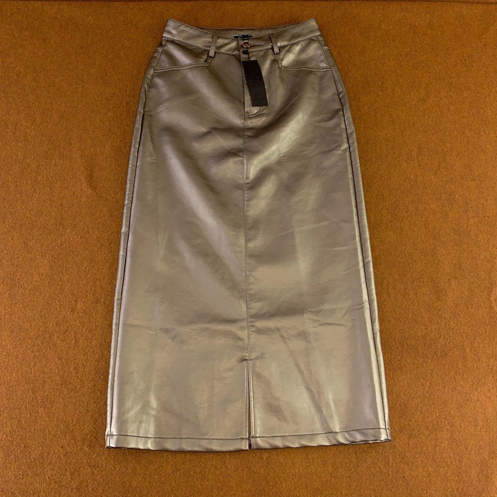Japparel Womens Size XS Taupe Metallic Front Slit Midi Skirt NWT